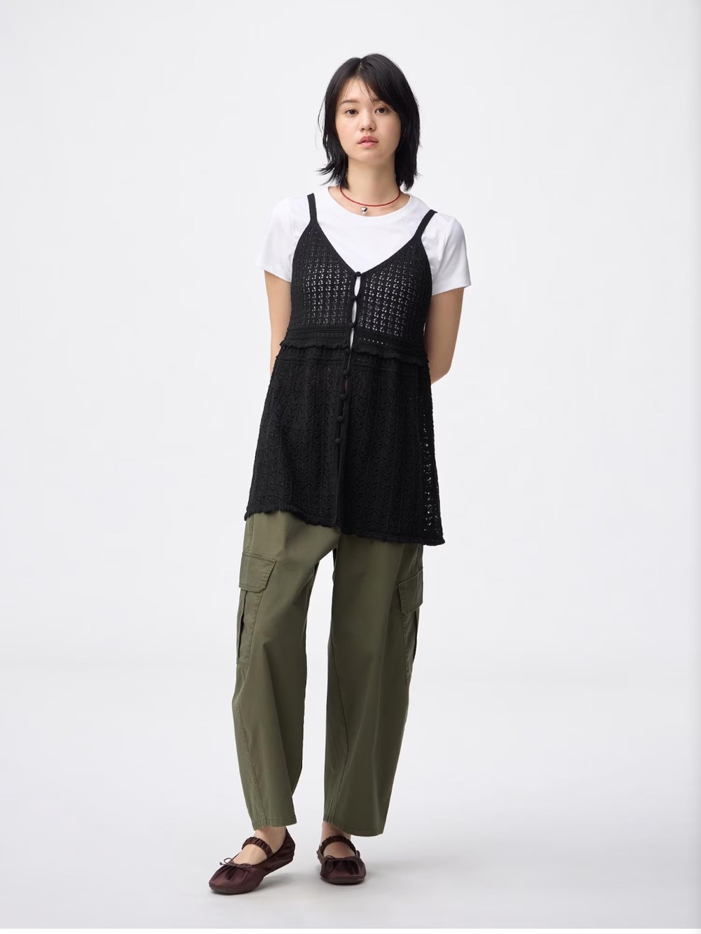 Uniqlo Black Crochet Button-Front Tunic Top